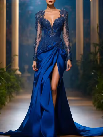 New Luxury Lace Applique Long Sleeve Mermaid V-neck Side Slit Evening Dress Satin Customized PROM Wedding Party Dress 2025