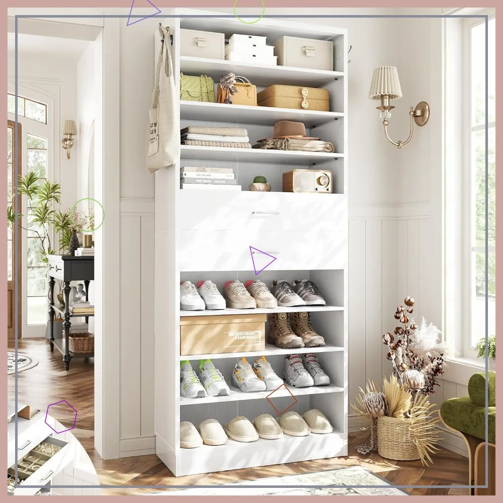 

Высокий 10-ярусный шкаф для обуви с ящиками, вертикальное хранение для 24-28 пар, экономия пространства, белый