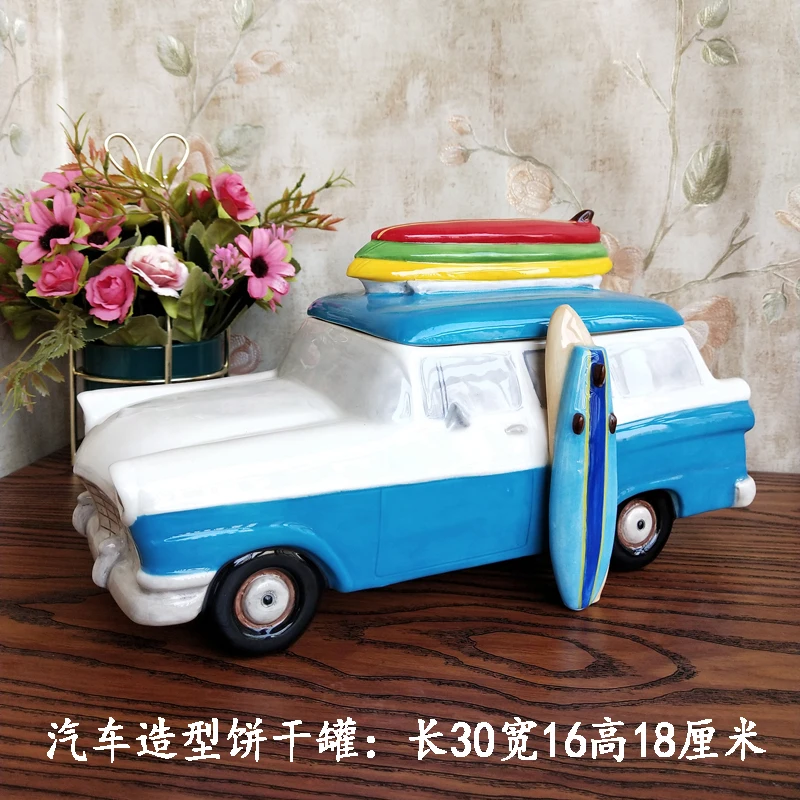 

Blue sky Brucella pure hand-painted ceramic car styling biscuit jar classic car storage jar American decorations