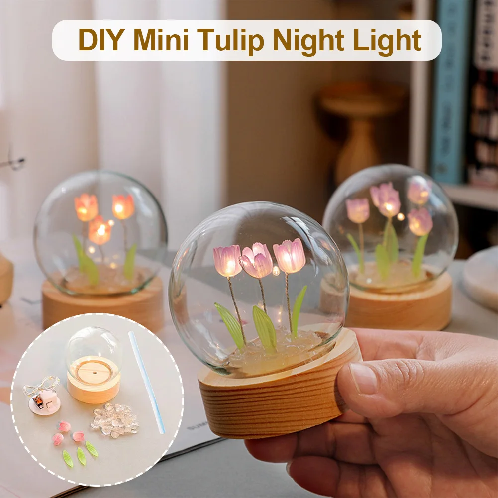 Tulip Flower Night Light With Glass Cover Handmade DIY Bedside Light LED Night Lamp Table Desk Lamp Bedroom Decor USB Mood Light