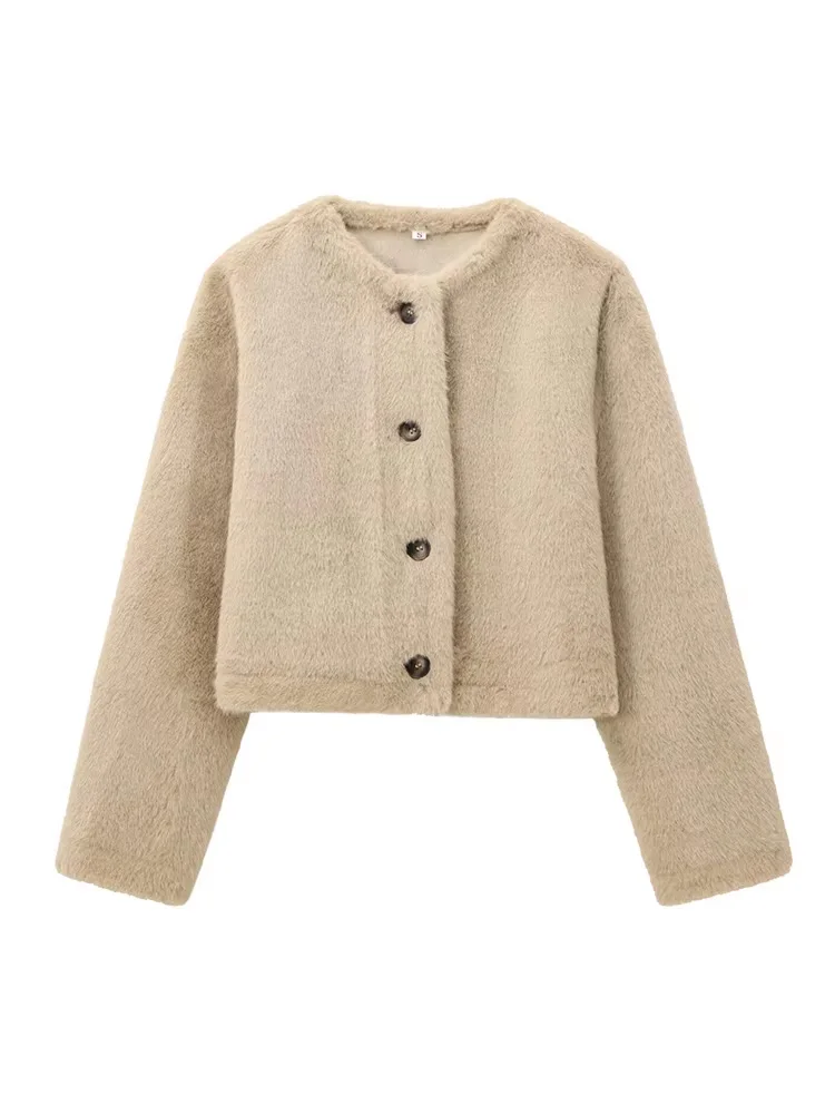 TRAZFA Women's Autumn New Fashion khaki Plush Faux Fur Effect Cropped Heavy Jacket Female Crew Neck Single Breasted Casual Coat