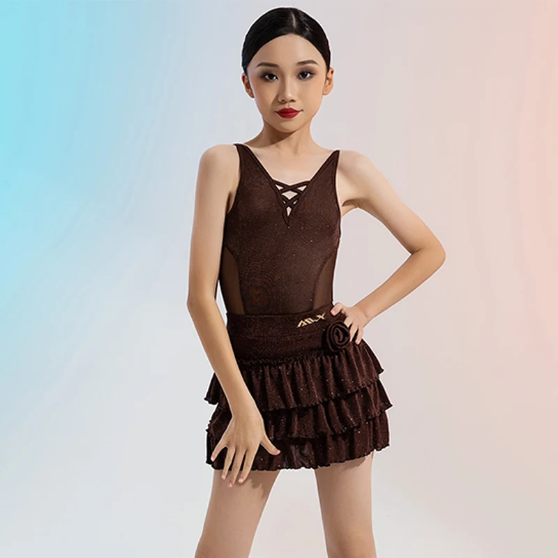 

Summer Latin Dance Costume Girls Latin Performance Dress Cake Skirt Set Kids Rumba Salsa Stage Costume Training Clothes AMY2199