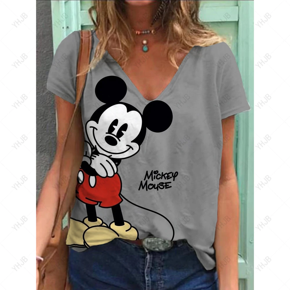 2024 Plus Size Spring/Summer New Mickey Mouse Print Casual Fashion Women's V-Neck Short-Sleeved Loose T-Shirt 3XL