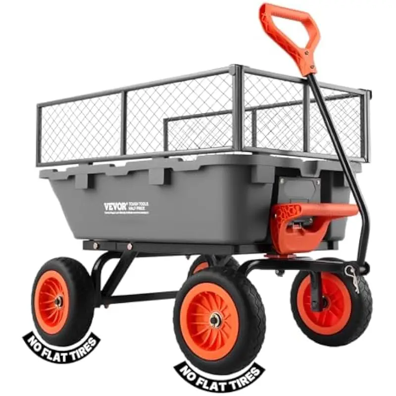 800LBS Heavy-Duty Poly Dump Cart • 7.5 CU.FT Expandable Capacity • Removable Metal Sides • Quick-Lift Dump Mechanism • 10 Inch F