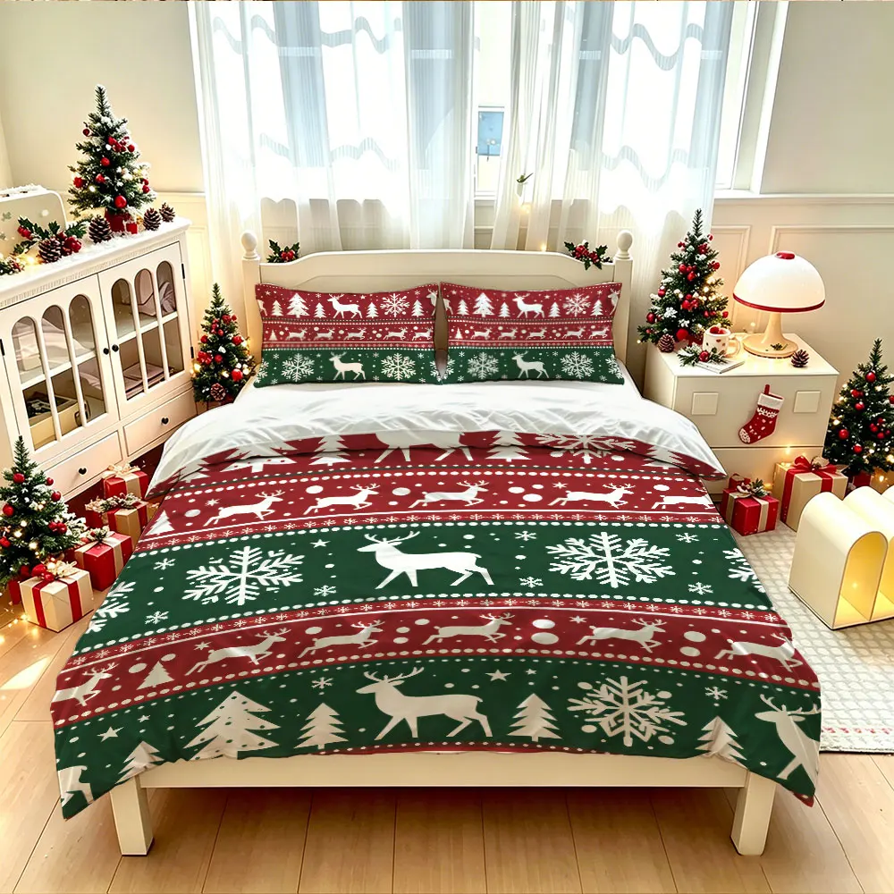 3pcs Christmas Themed Printed Coreless 1 Duvet Cover 2 Pillowcases Soft Bedding Holiday Gift Decoration Machine Washable