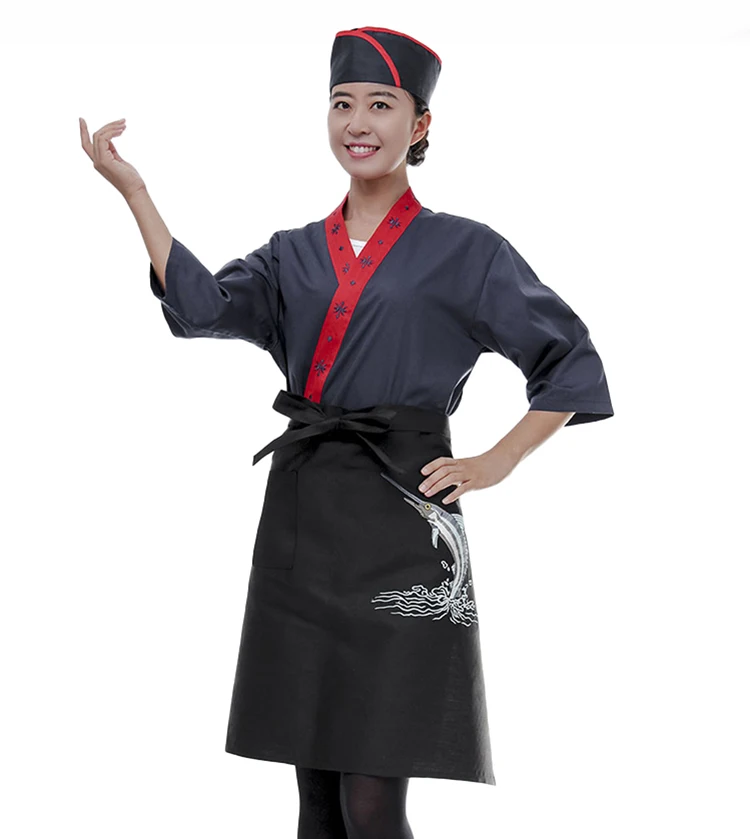 Kitchen Cooking Aprons Japanese Style Cuisine Half-Length Long Waist Apron Hat Apron Matching Sushi Uniform Embroidered Apron