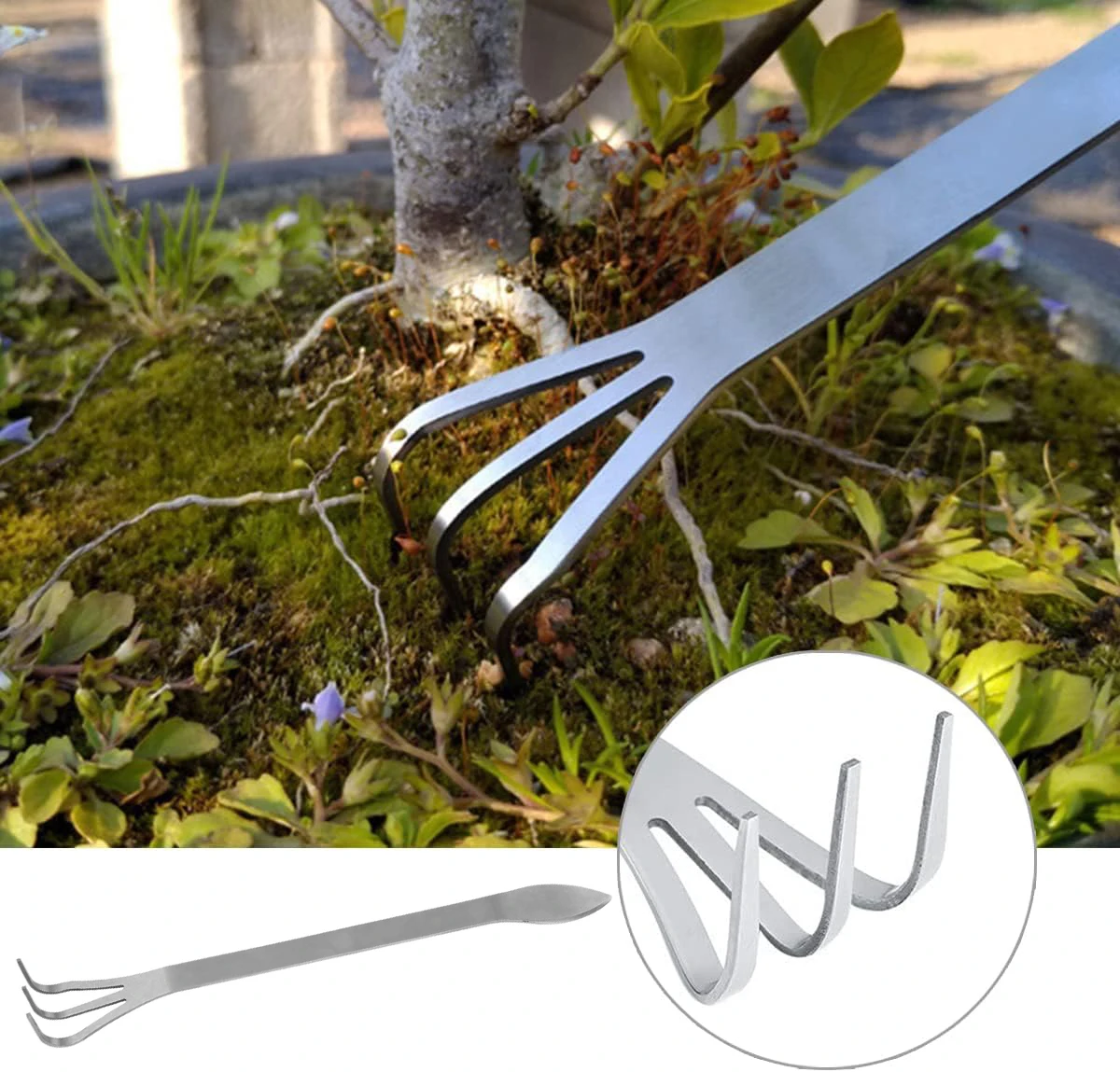 1Pc New Stainless Steel Root Rake Bonsai Potted Plants 3-Prong Loosen Soil Tool Handheld Rustproof Rake Home Gardening Tool