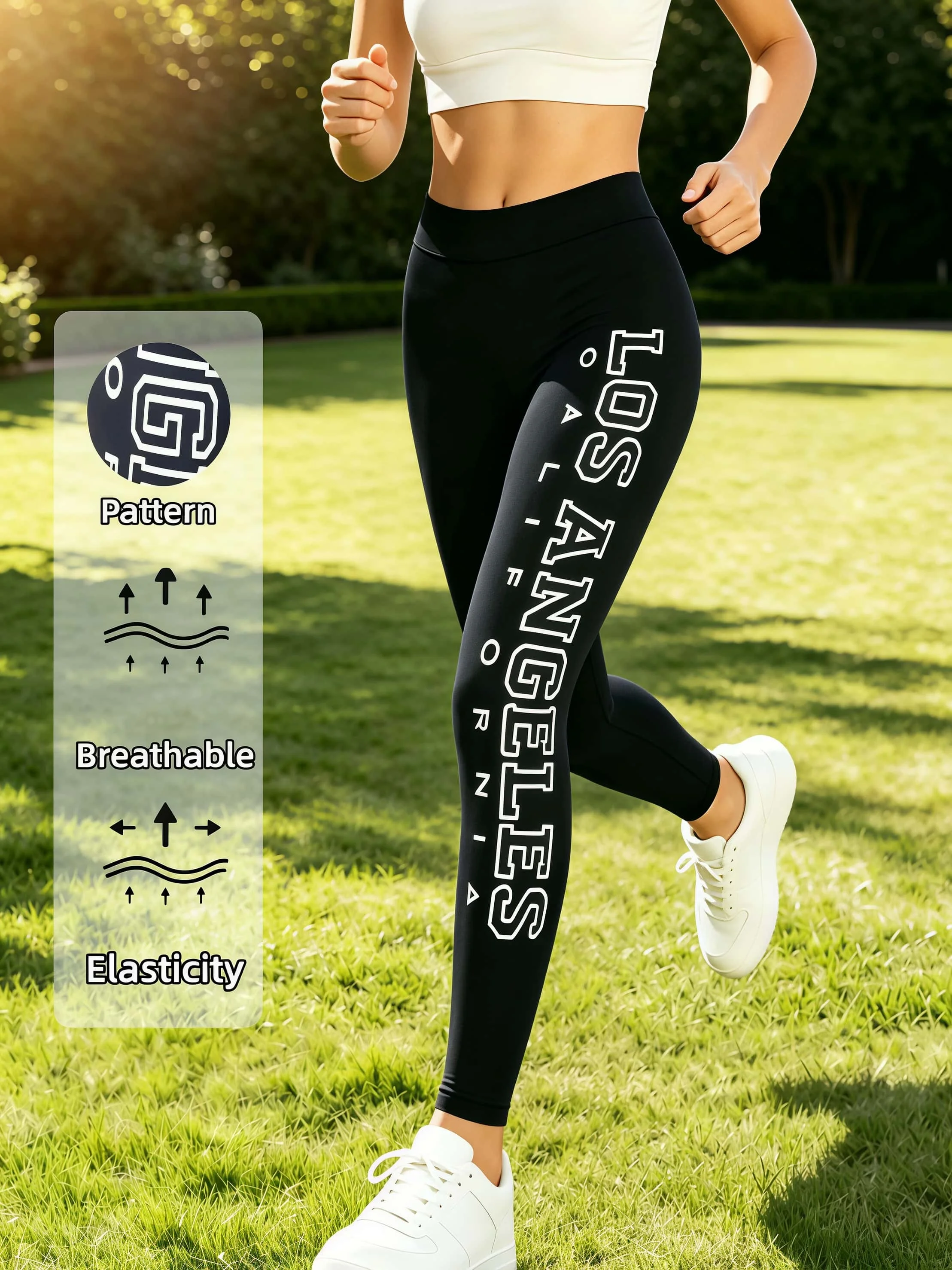 Women's Side Letter Print Leggings High Waist Stretchy Casual Comfortable Black Nine Points Versatile Pants For Daily Shopping
