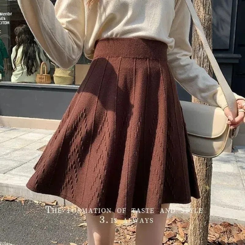 French Style Sweet Autumn Women\'s Solid Shirring Elastic High Waist Korean Fashion Office Lady Slim Knittd A-line Pleated Skirt