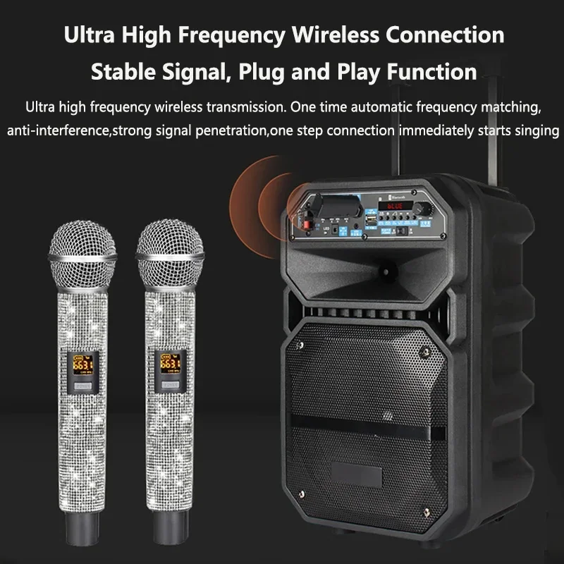 Dual Diamond Wireless Microphone Crystal Cordless Dynamic Mic Rechargeable Battery Receiver for Party Speech Karaoke Church