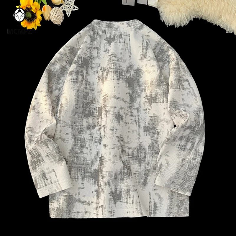 T-shirt basique à manches longues pour homme, col rond, imprimé marbré, en tissu velours, pour un look stylé et assorti en voyage