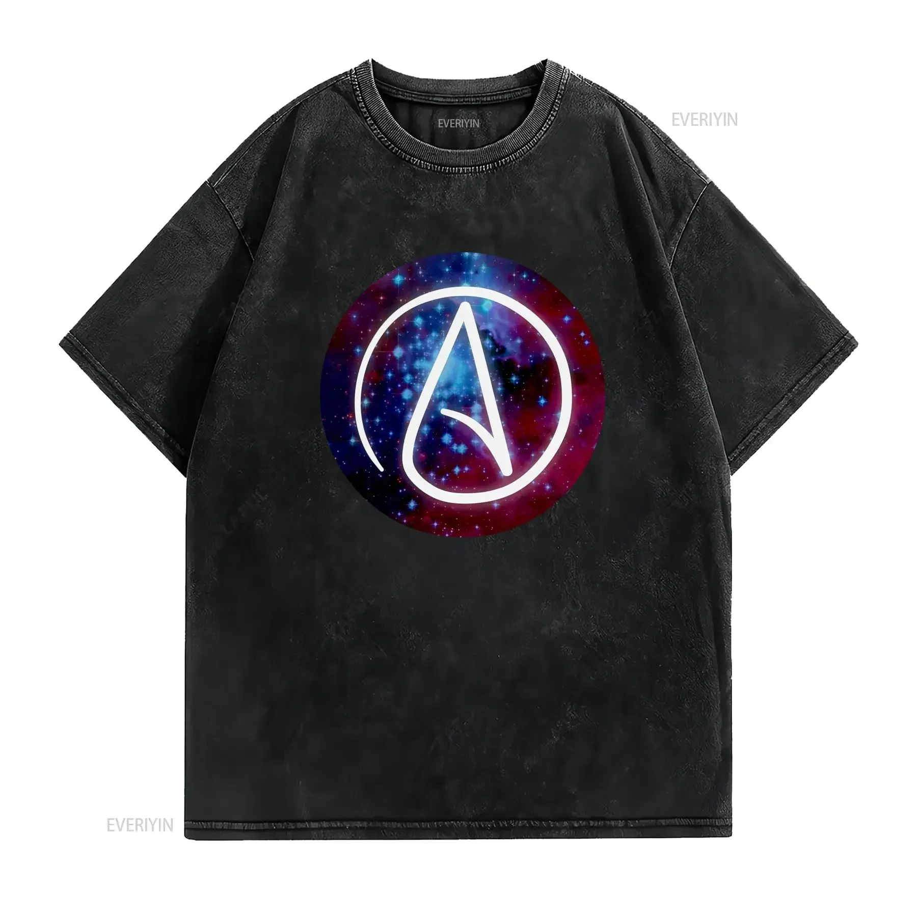 Cool Sci Fi Galaxy Nebula Atheist Symbol Print Casual T Shirt vintage Washed homme Breathable Top For Everyday Wear Stretched