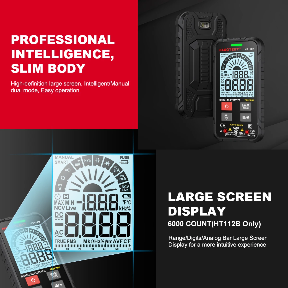 HABOTEST HT112 Digital Multimeter Tester Smart Voltmeter for Electrical Testing & Automotive Circuit NCV Voltage Meter