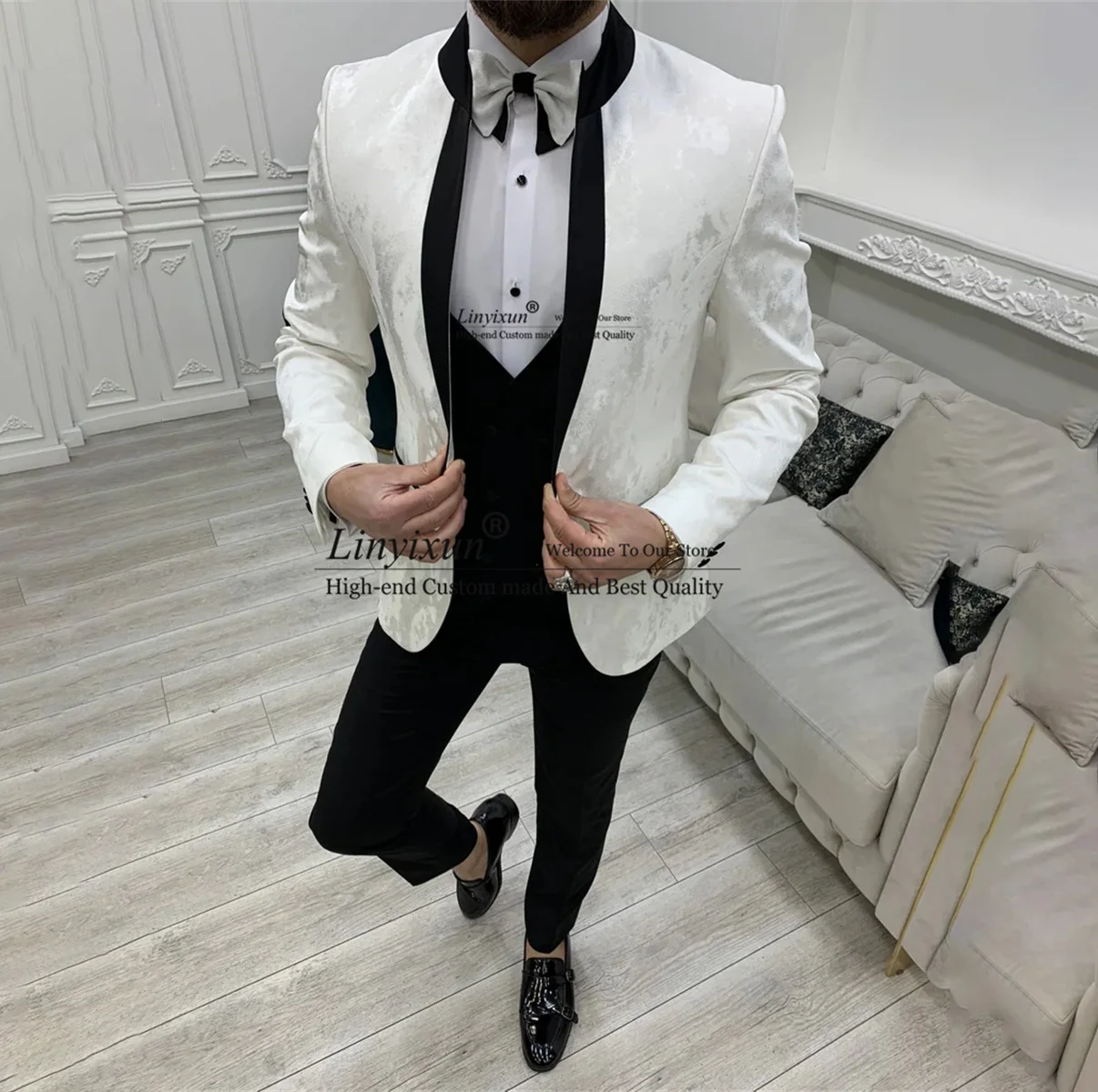 

Handsome Jacquard Men's Wedding Suits Slim Fit Groom Tuxedos 3 Pieces Sets Bridegroom Prom Blazers Pants Outfit mens clothing