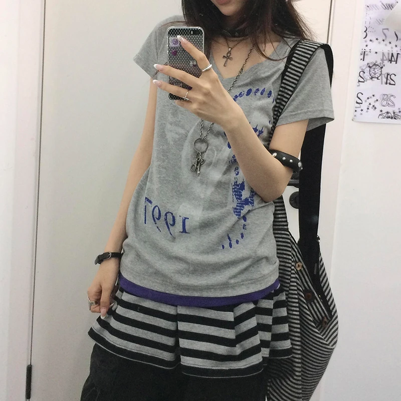 Tonngirls Harajuku Print T-Shirt Damen Kurzarm Y2k Vintage Tops Patchwork Grafik Tops American Retro 90er Streetwear T-Shirt – Detail 3