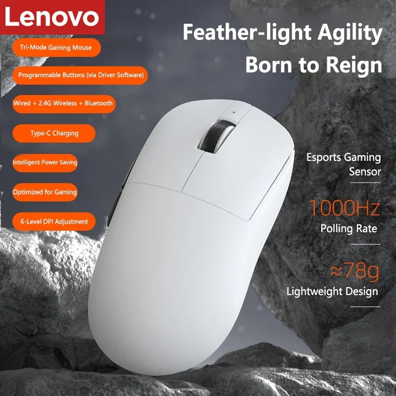 

Беспроводная игровая мышь Lenovo Tri-Mode 6000DPI, эргономичная, RGB, перезаряжаемая, Bluetooth, 2.4G, проводная USB-C мышь для ПК, ноутбука, геймеров