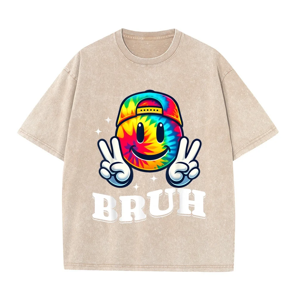 Peace Bruh for Girls Kids Boys Tie Dye Retro Groovy Birthday T-Shirt Haikyuu Camisas De Hombre Ropa Yellow Graphic Tee Cotton T
