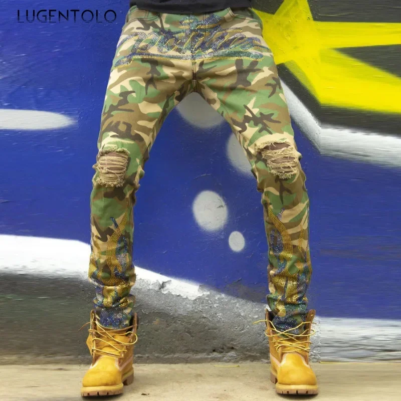 

Men Jeans Fashion Slim Hot Drilling Letter Camouflage Print Casual Men's Long Street Trend Pencil Pants Lugentolo