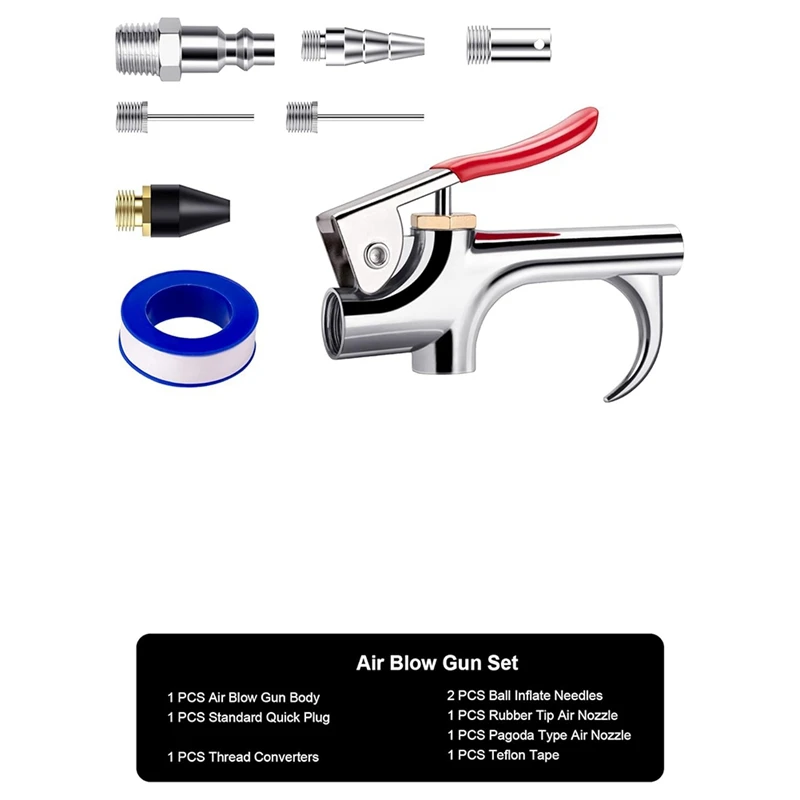 8 Pcs Air Nozzle Blow-Gun Sets, Metal Air Blow-Gun W/ 1/4Inch NPT Quick Fitting With 5 Pcs Air Nozzle