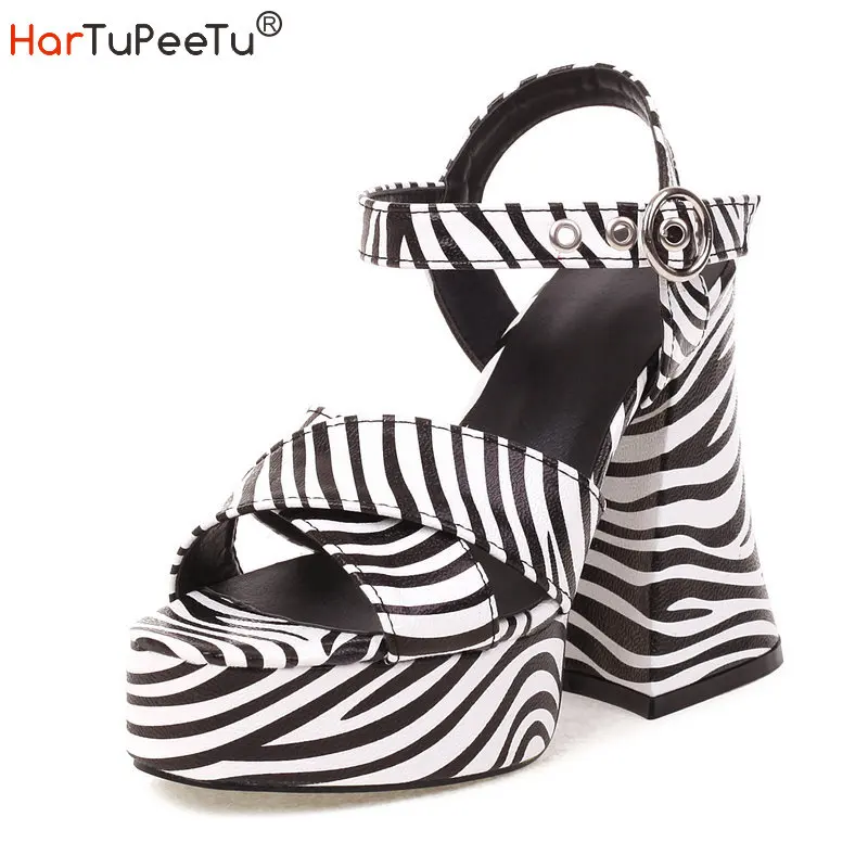 

Zebra Stripe Sandals Women Fashion Platform Shoes Summer 2022 Chunky High Heels 12cm Cow Print PU Leather Zapatos Mujer