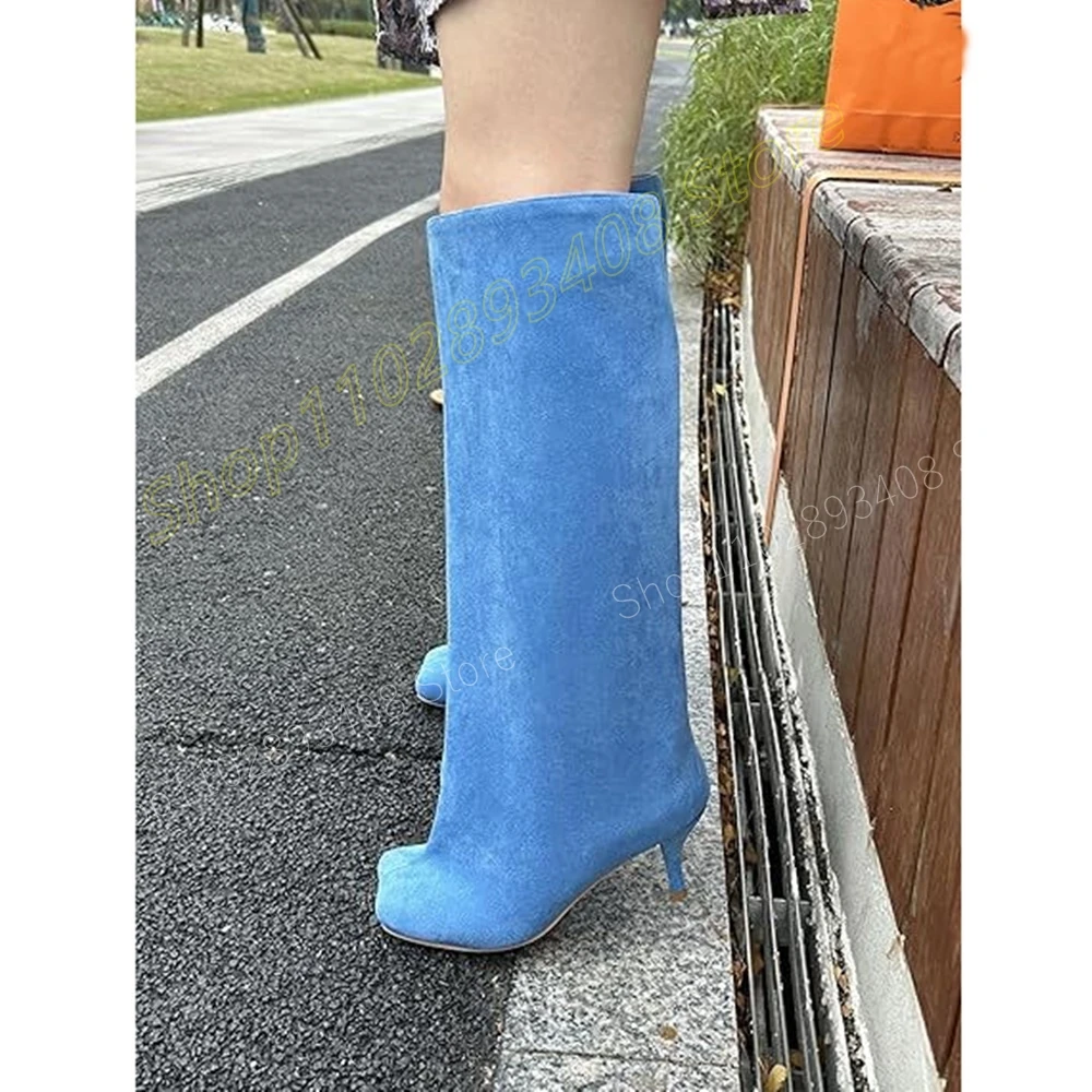 

Sky Blue Suede Split Toe Mid Calf Boots New Brand Stiletto High Heel Runway Style 2024 Autumn Women Shoes Zapatos Para Mujere