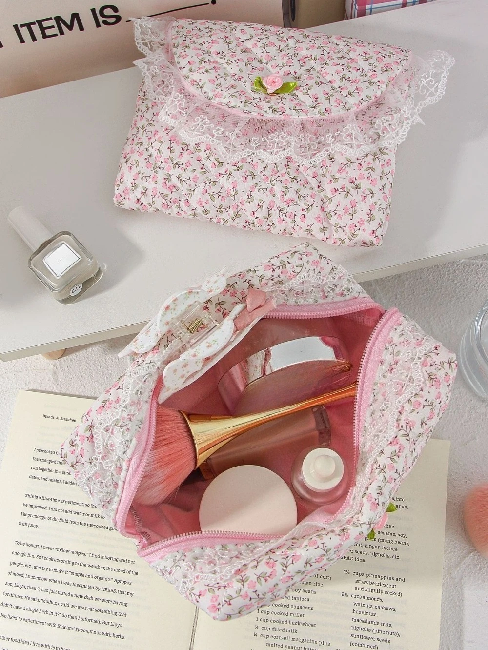 المرأة الدانتيل زهرة طباعة حقيبة مستحضرات التجميل سعة كبيرة ماكياج المنظم السفر حقيبة أدوات الزينة حقيبة التخزين طالب سستة مقلمة #5