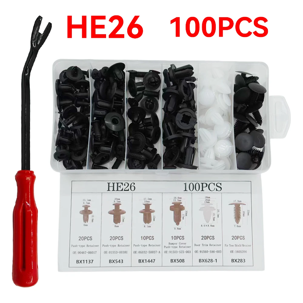 100PCS HE26 Auto Fastener Clip Car Fender Push Retainer Mixed Body Pin Rivet Bumper Door Trim Panel Universal Clips Fixed Buckle