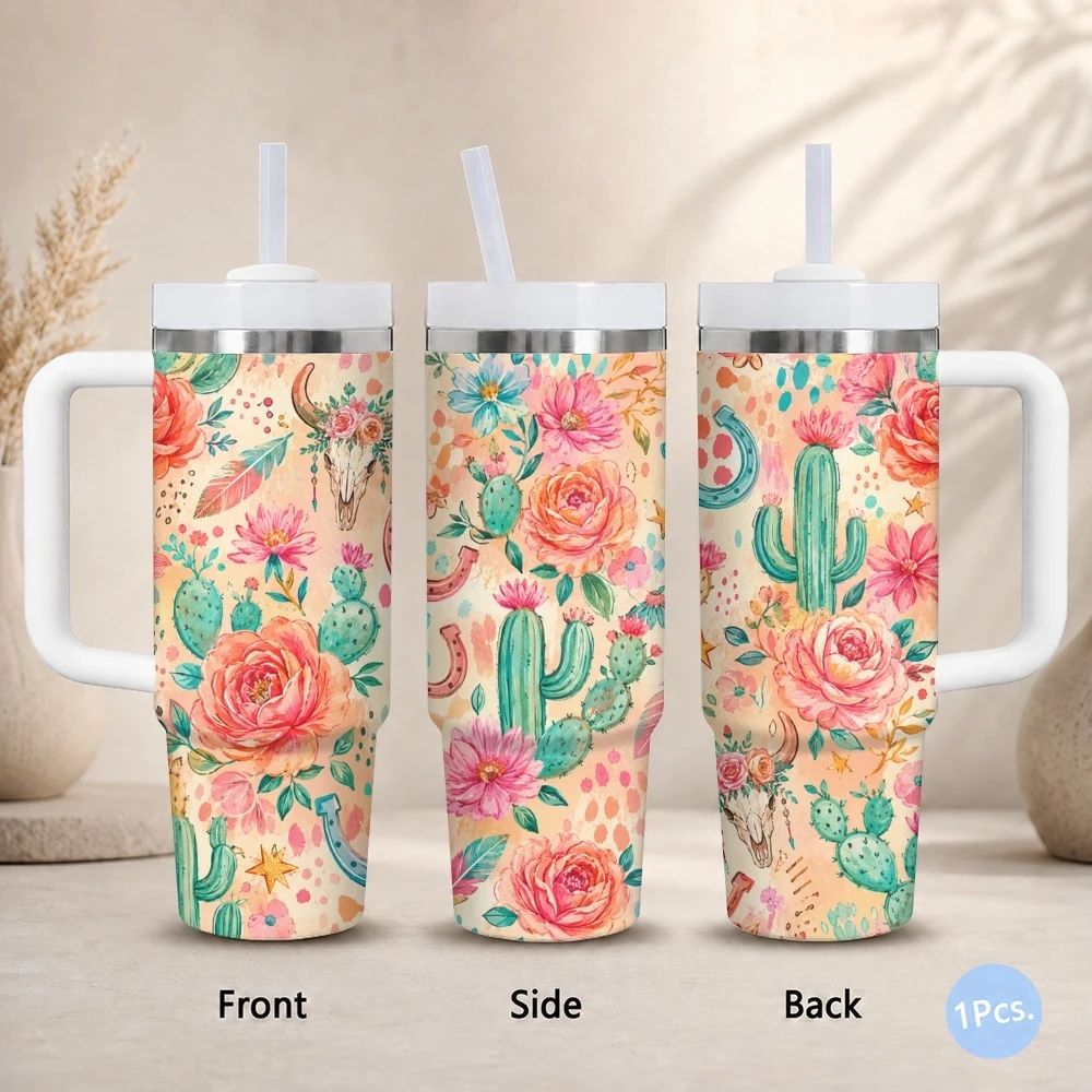Western Floral Cactus Vacuum Flasks 40oz Stainless Steel Insulated Tumbler with Handle & Straw Leakproof Car Mug