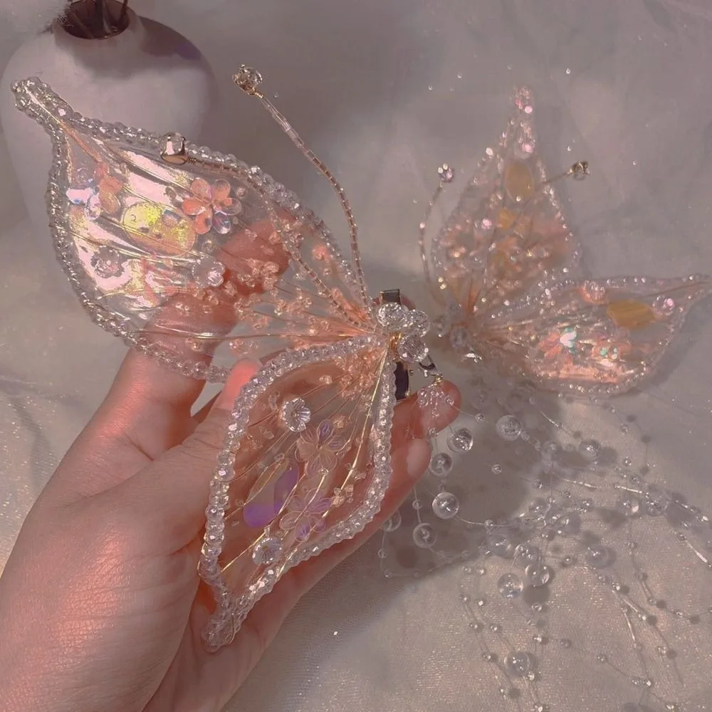 

1Pair Retro Animal Butterfly Hairpins Fairy Sequin Tassel Hair Clip bead Korean Style Duckbill Clip Women