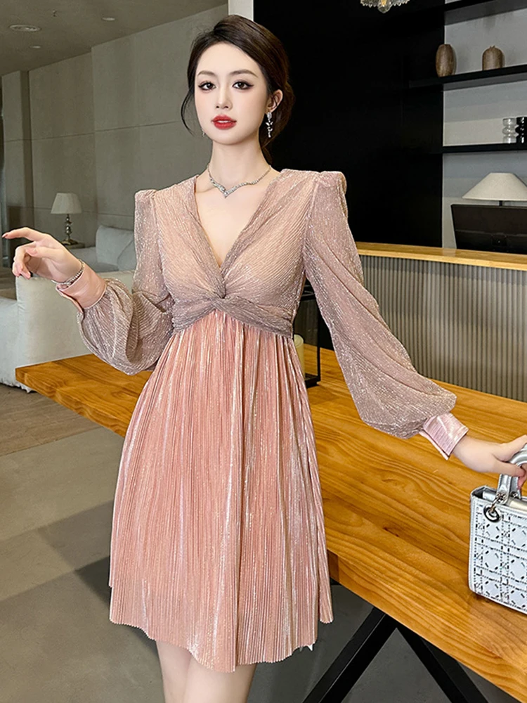 

Fashion Lady Mesh Bright Silk Evening Dress Women Clothing Sweet Elegant Puff Sleeve Slim A-Line Short Party Prom Vestidos Beach