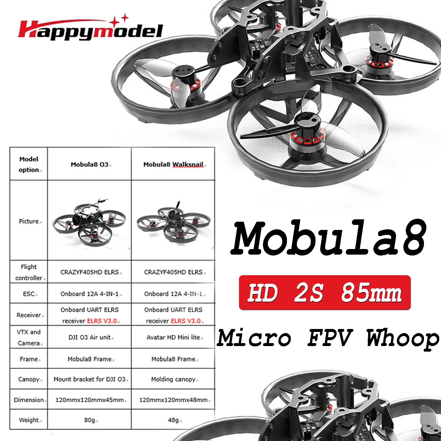 

Happymodel Mobula8 2S 85mm Digital HD Micro FPV Whoop Drone EX1103 Motor ELRS for DJI O3/Walksnail RC Racing Drone Quadcopter