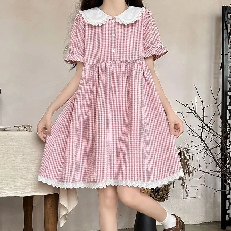 

Plaid Dress Mori Girl New Summer Fashion Short Sleeve Women Elegant Sweet Preppy Dress With Baby Doll Collar And Bell Sleeves