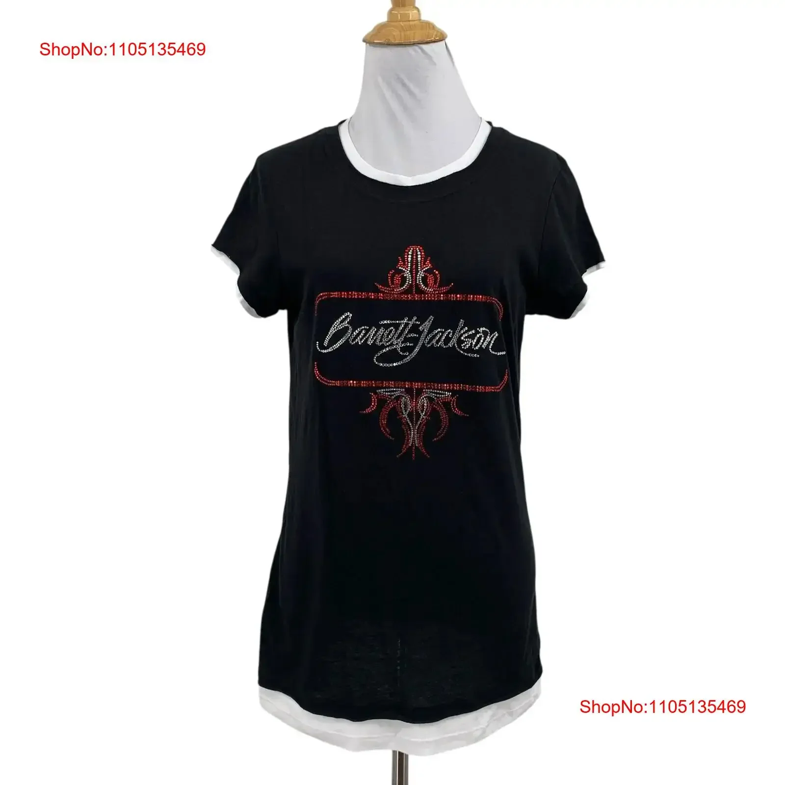Barrett Jackson T Shirt Womens L Large Black White Trim Rhinestones Crew Neck vintage Washed Breathable Casual Comfortable