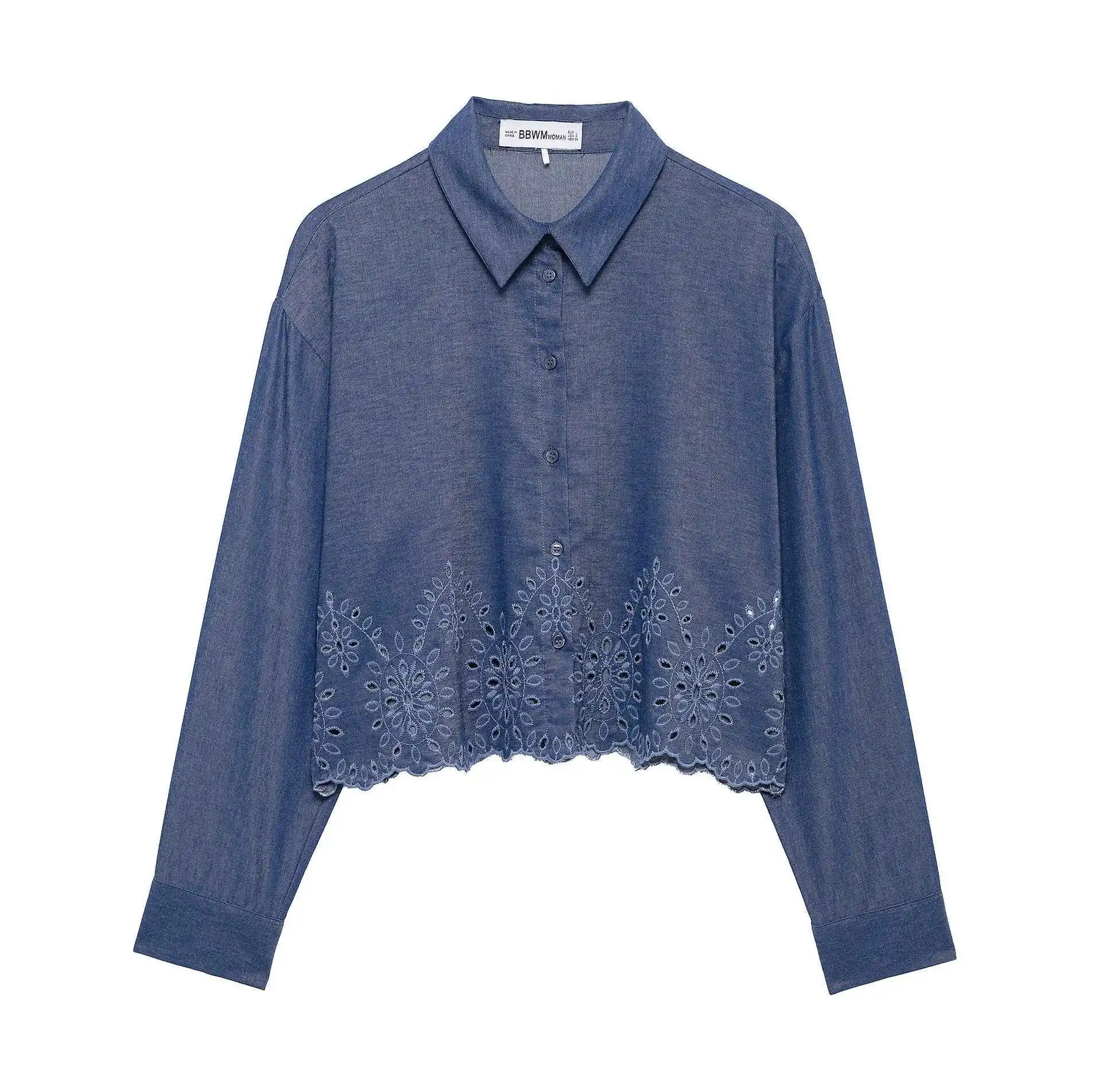 

Autumn Vintage Casual Long Sleeve Blouse Hollow Out Embroidery Short Shirts Women Turn Down Collar Loose Button Up Tops