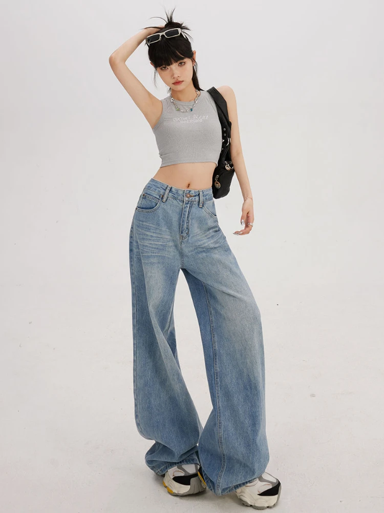 HOUZHOU Baggy Blue Women Jeans Vintage Wide Basic Casual Korean Fashion Washed Denim Trousers High Waist Straight Jeans Classic