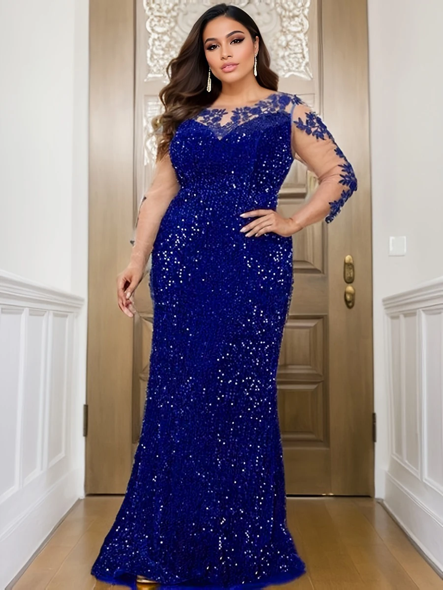 Elegant O Neck Floor Length Evening Prom Gown Dresses Sequin Bodycon Mermaid Long Sleeves Party Modest Women Dress