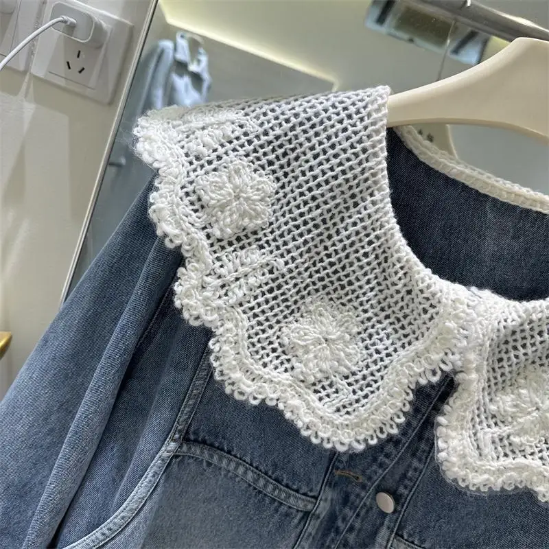 Women Spring Autumn New Korean Style Denim Jacket Doll Collar Lace Patchwork Fashionable Short Jacket Top
