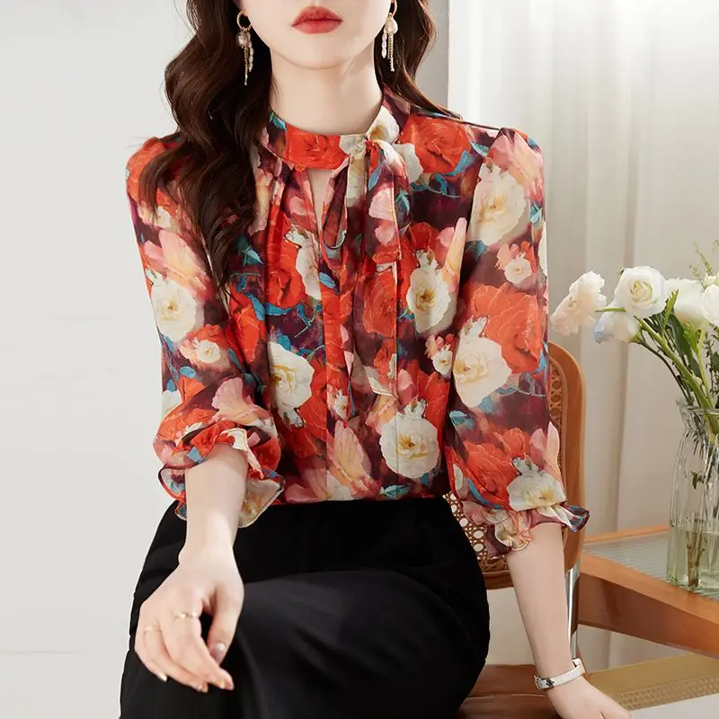 New Women\'s Stylish Vintage Ruffle Floral Print Hollow Blouse Office Lady Elegant Bow Lace Up Shirt Casual 3/4 Sleeve Loose Tops