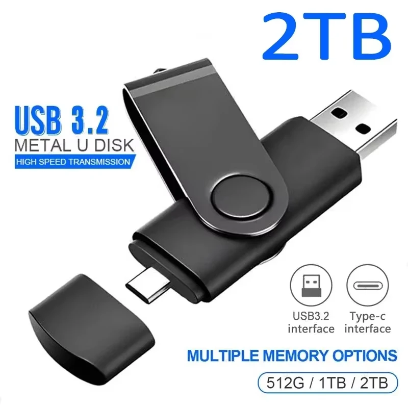 2-IN-1 USB 3.2 Flash Drive Type-C USB High Speed 2TB 1TB 512GB Large Capacity Rotable Pen Drive Memory Stick for Phone Car PC