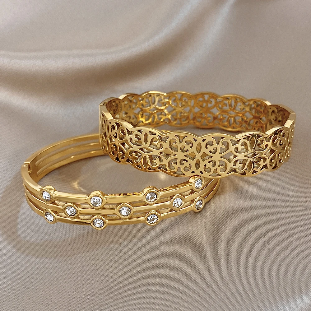Greatera Double-track Chain Point Rhinestone Bracelet Retro Cursive Texture Hollowed-out Cuff Bangles Women Men New Style 2026