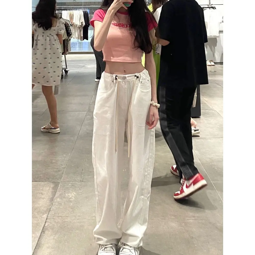 Y2k Pants Streetwear White High-waisted Drawstring Wide-leg Jeans Female Summer New Loose Thin Drape Drag Pants Spring Summer