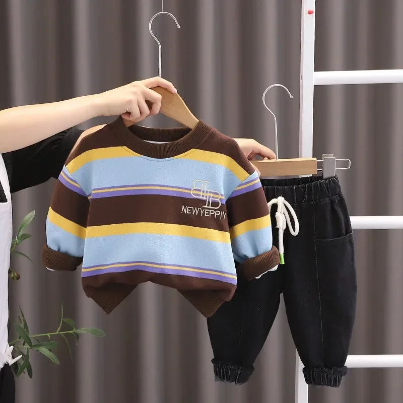 

2024 Spring Autumn Children Boy 2PCS Clothes Set Embroidery Striped Pullovers Drawstring Solid Pant Kid Boy Outfit Baby Boy Suit