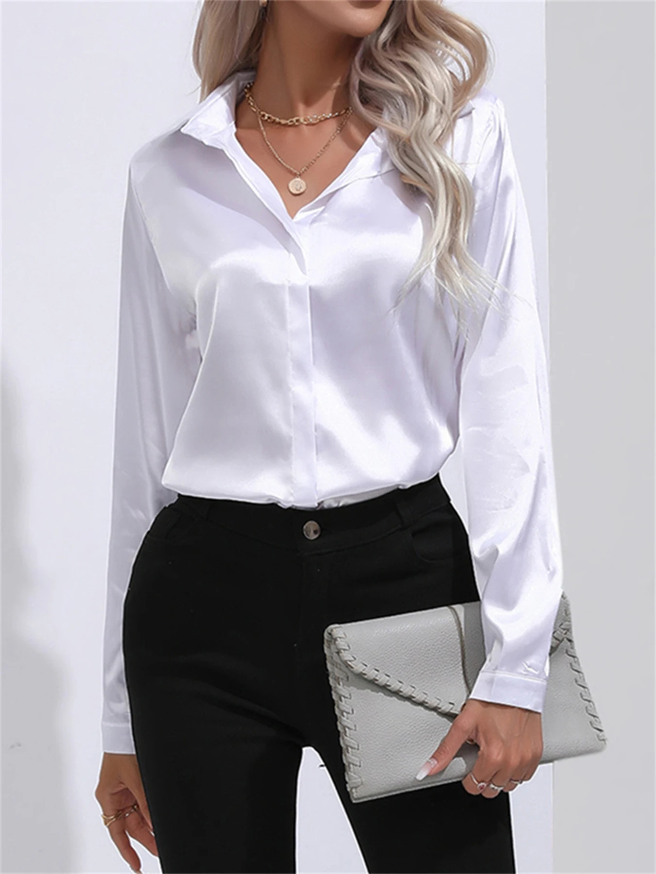 

Camisas De Mujer Elegant Turn-Down Collar One Button Satin Long Sleeve Shirt For Women Office Blouse chemises et blouses