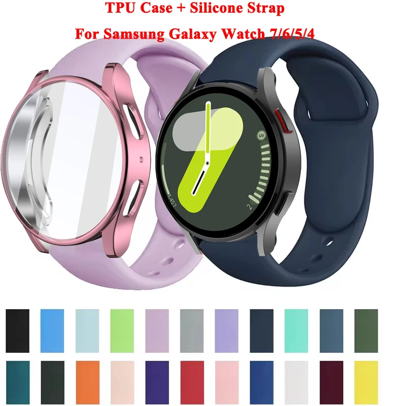 For Samsung Galaxy Watch 7 6 5 4 40MM 44MM TPU Case Screen Protector Soft Silicone Band Sports Strap Men Women Bracelet Correa