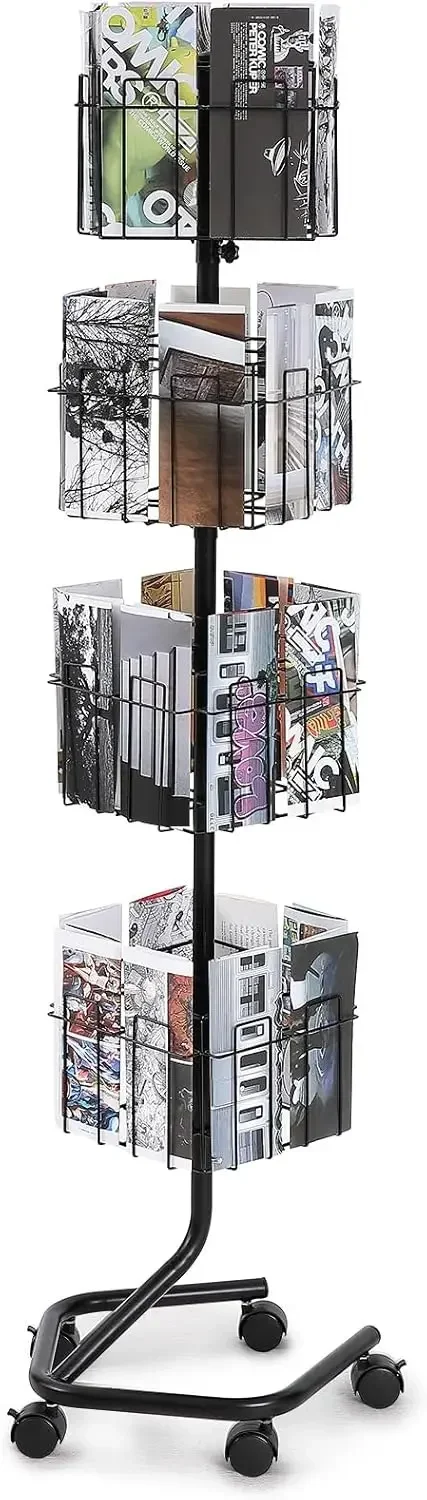 Brochure Display Rack, 4-Tier 32 Pockets Rotating Magazine Literature Display Stand for Postcards with 5 Wheels (2 Lockable)