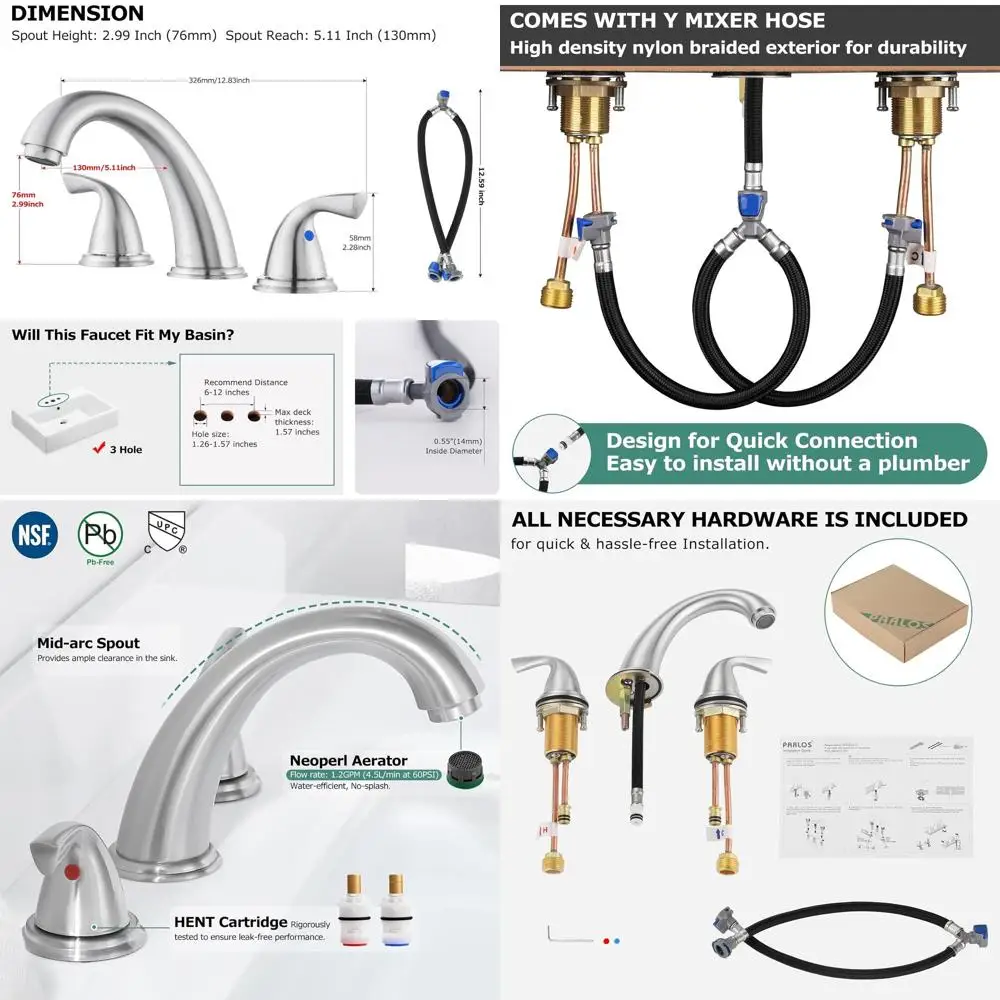 

8 Widespread 3-Hole Deck Mount Lavatory Faucet, Brushed Nickel Finish