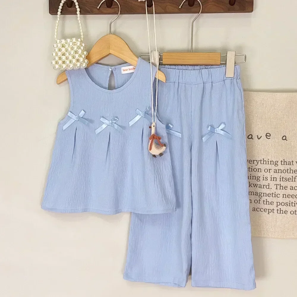 2025 Summer Solid Color Girls' Suit Round Neck Sleeveless Bow Vest+Wide Leg Pants Two Piece Set Children's Daily Casual Clothes