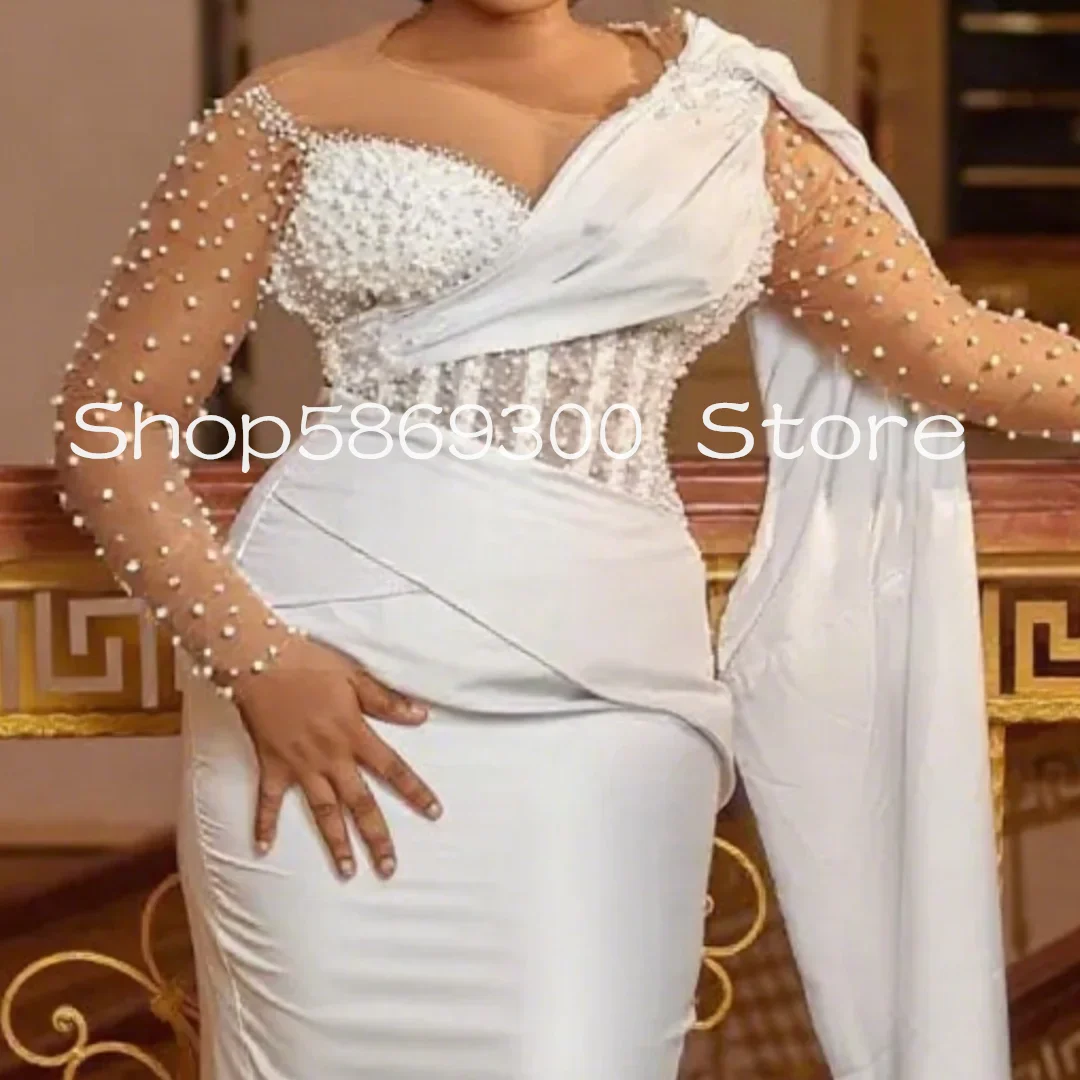 Sheer Neck Long Sleeve wedding dresses Lace up Closure Ankle Length Civil Africa Bridal Gowns Pearls Customized