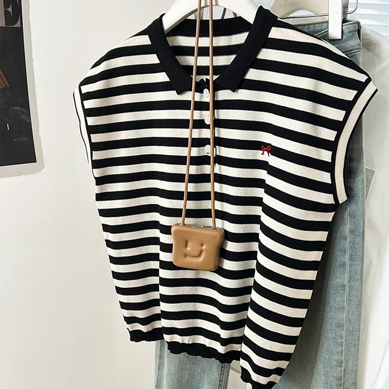 Summer Knitted T-shirt 2025 New Loose Short-sleeved Sweater Design Sense Niche Striped T-shirt Women Casual Versatile Tops