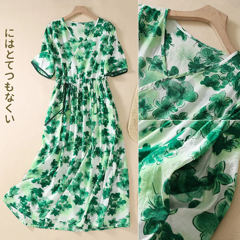 

V-Ne Cotton Linen Print Dstring Waist ort Sve Long Dr Slimming High Waist Floral A-Line Skirt for plus Size Women